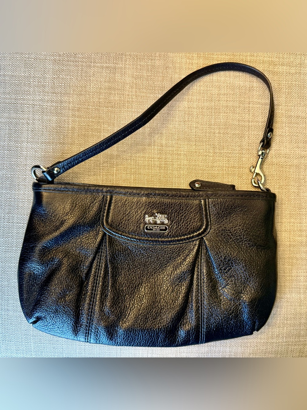 Coach Madison Large Black Wristlet with Silver Tone Logo